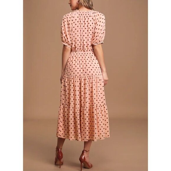Lulus Dress sz M women Love You Tier-ly Blush Pink Polka Dot Tiered Midi Retro - Picture 3 of 16